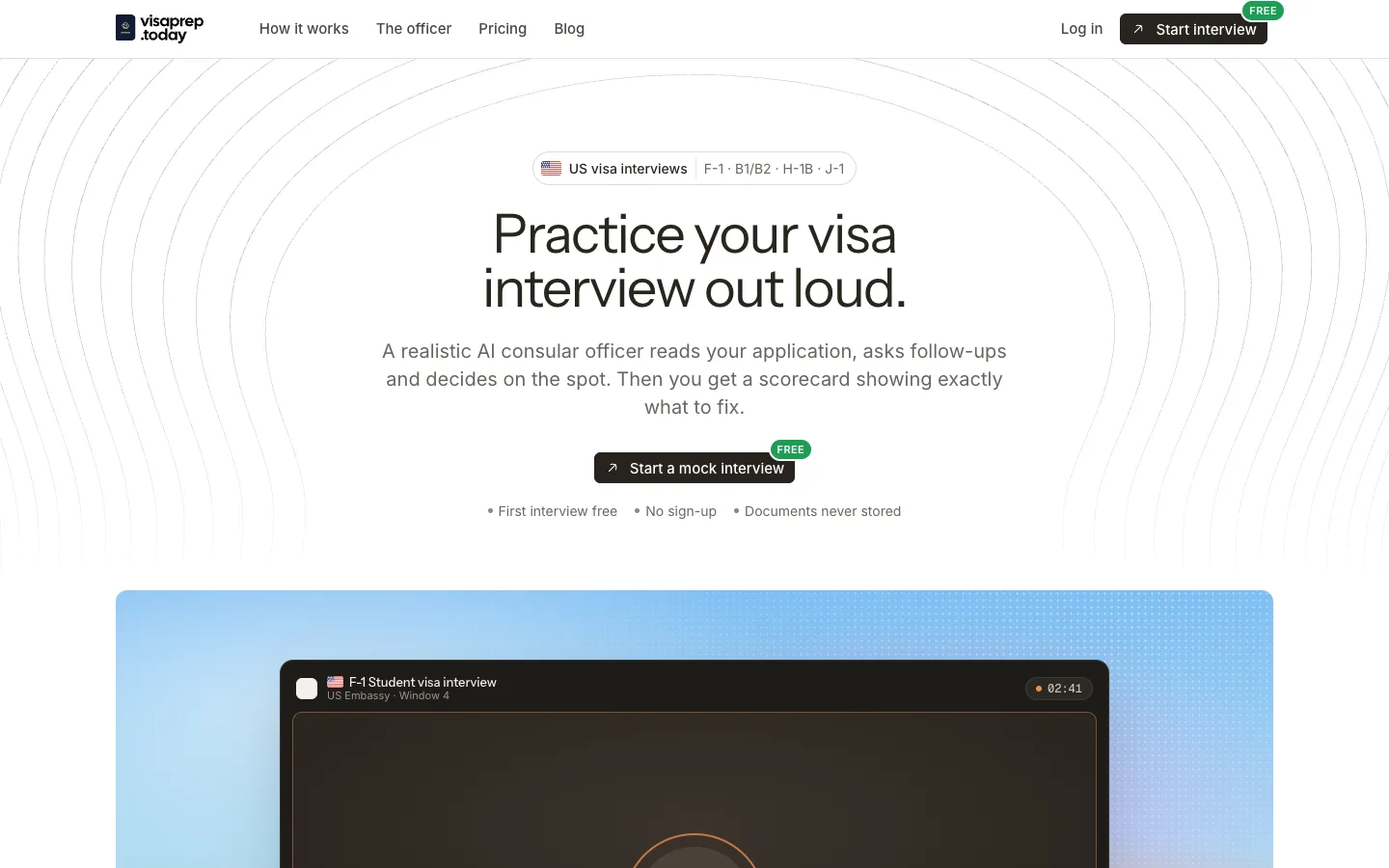 VisaPrep homepage: practice your US visa interview out loud with an AI consular officer