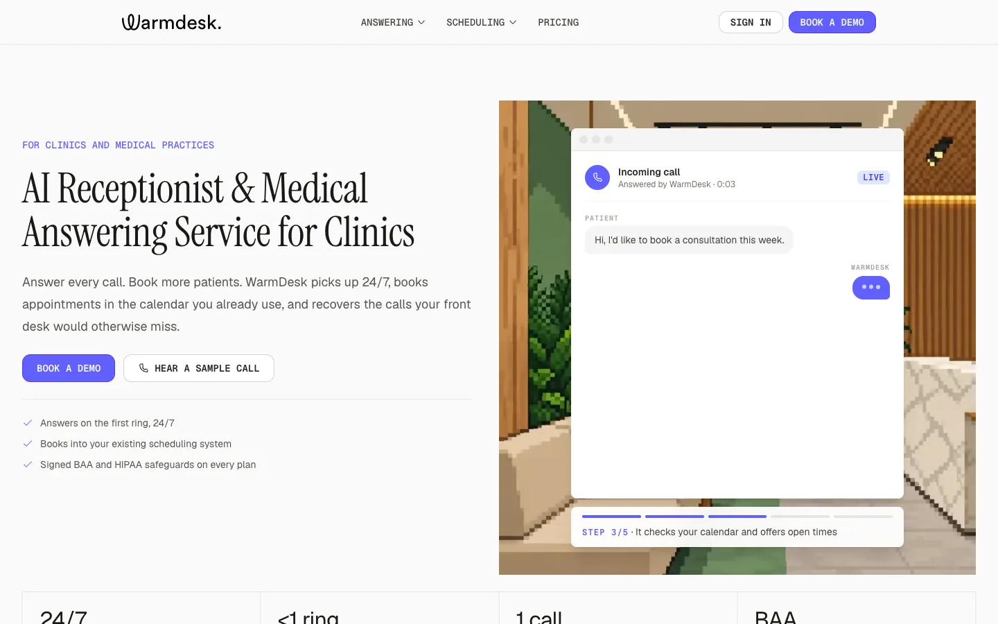 WarmDesk homepage: AI receptionist and medical answering service for clinics, showing a live call being booked